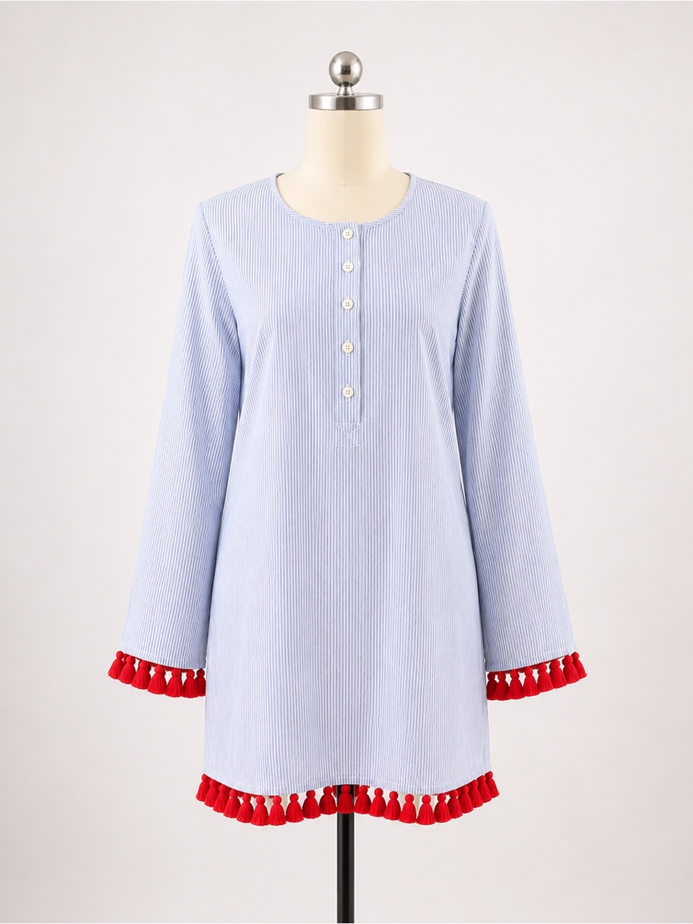 Tory Burch Light Blue White Striped Tunic Beach Coverup Dress with Red Tassel XS - Picture 2 of 8
